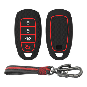 Keycare silicone key cover and keyring fit for : Verna 2020 4 button smart key (KC-60, Full Leather Keychain) - Keyzone