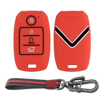 Keycare silicone key cover and keychain fit for : Sonet, Seltos 2020, Carens, Seltos X-line 4 button smart key (KC-61, Full leather keychain)