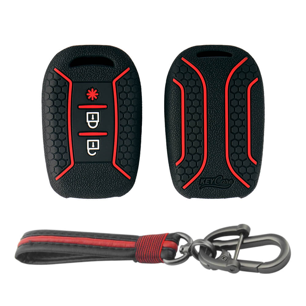 Keycare silicone key cover and keychain fit for : Duster 2020 3 button remote key (KC-62, Full Leather Keychain) - Keyzone
