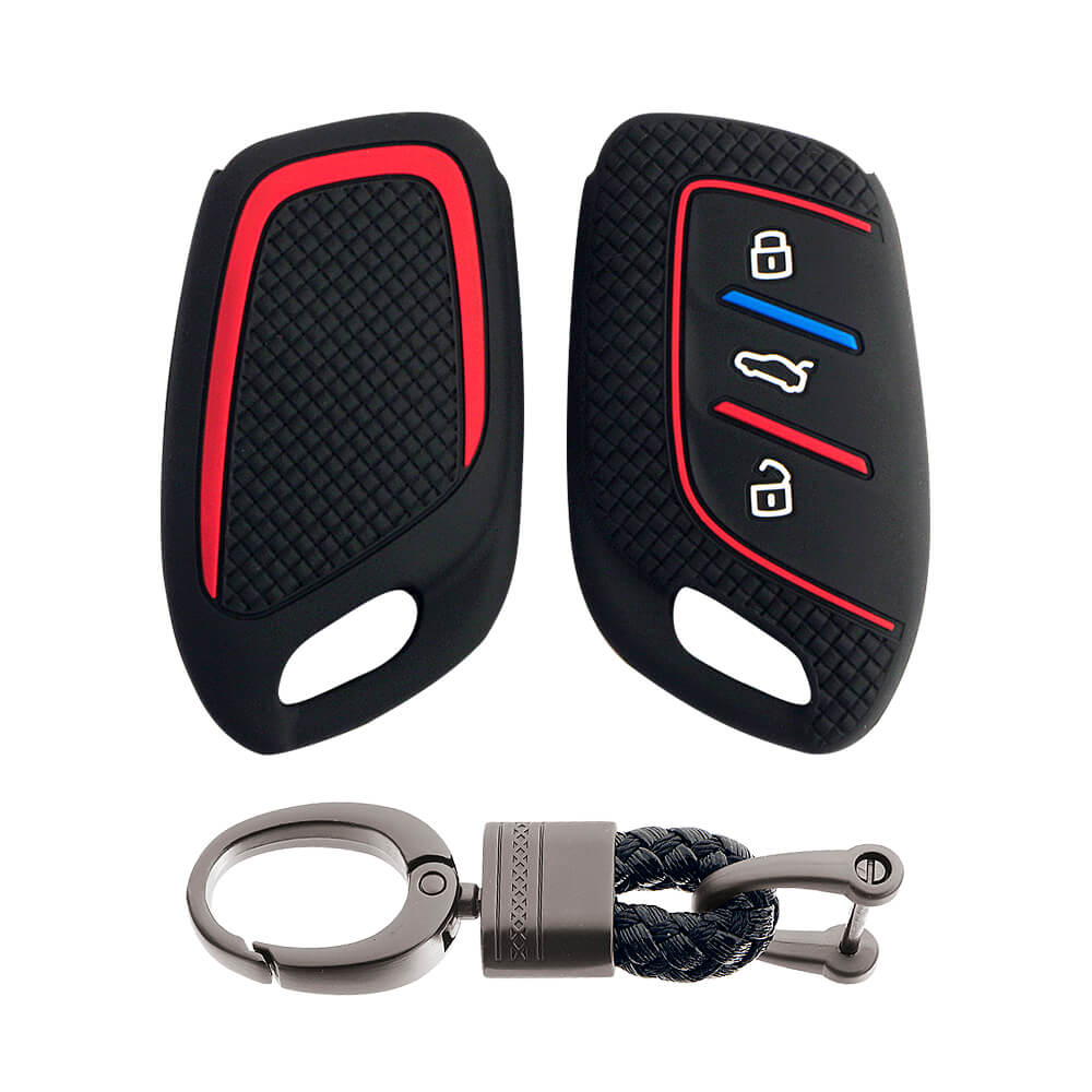 Keycare Silicone Key Cover and keychain Fit for MG : MG ZS EV, Astor 3 Button Smart Key (KC65, Alloy Keychain)