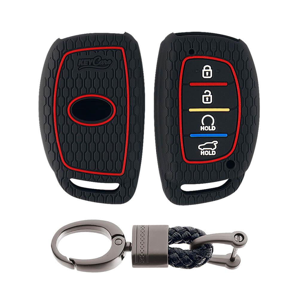 Keycare silicone key cover and keychain fit for : Alcazar, Creta 2021 4b smart key (KC-67, Alloy keychain black)