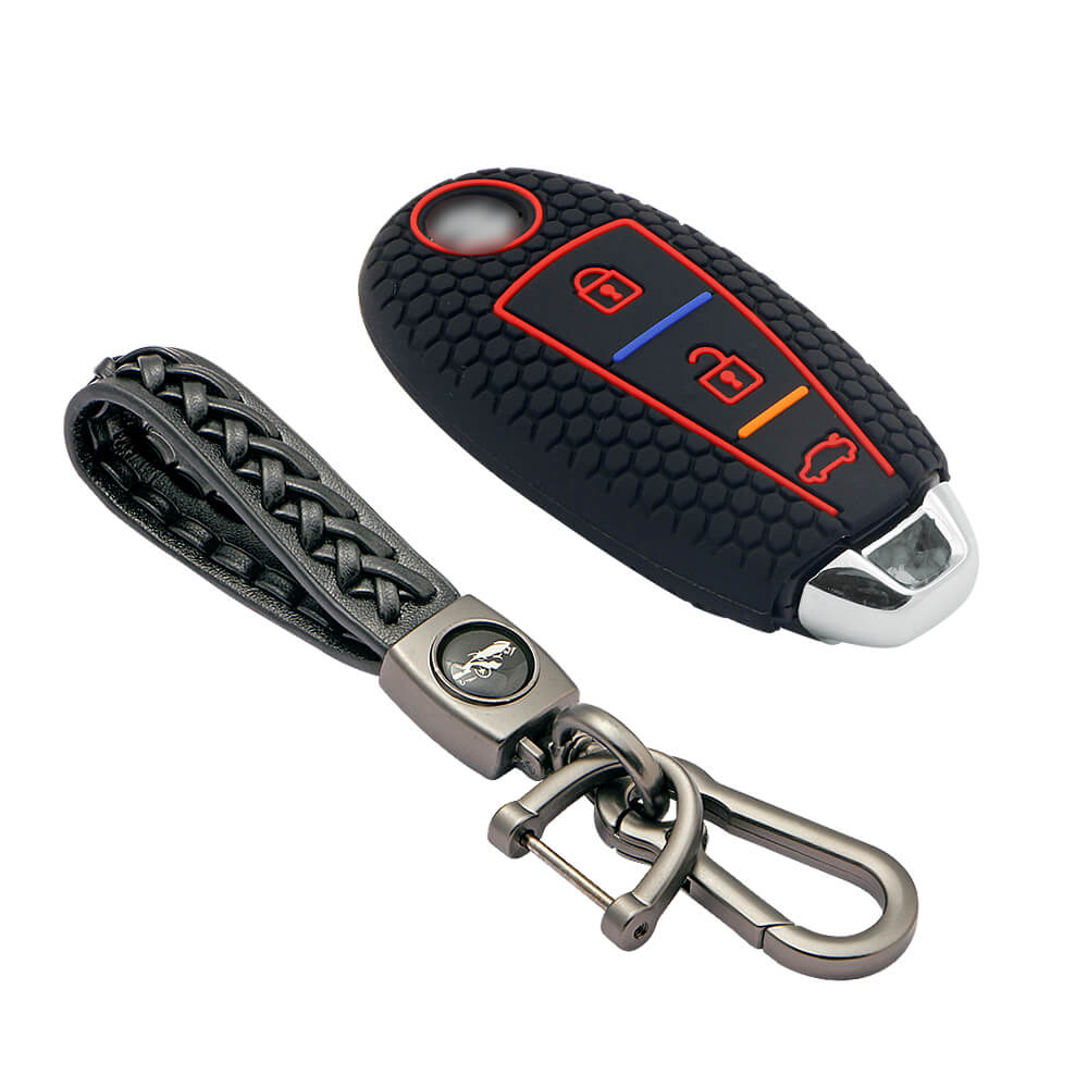Keycare silicone key cover and keychain fit for : Ciaz, Baleno, S-cross, Vitara Brezza, Ignis, Swift, Ertiga 3b smart key (KC-04, Leather Woven keychain) - Keyzone