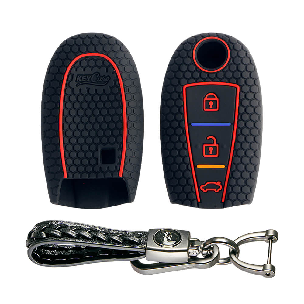 Keycare silicone key cover and keychain fit for : Ciaz, Baleno, S-cross, Vitara Brezza, Ignis, Swift, Ertiga 3b smart key (KC-04, Leather Woven keychain) - Keyzone