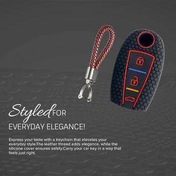 Keycare silicone key cover and keychain fit for : Ciaz, Baleno, S-cross, Vitara Brezza, Ignis, Swift, Ertiga 3b smart key (KC-04, Leather Thread keychain)