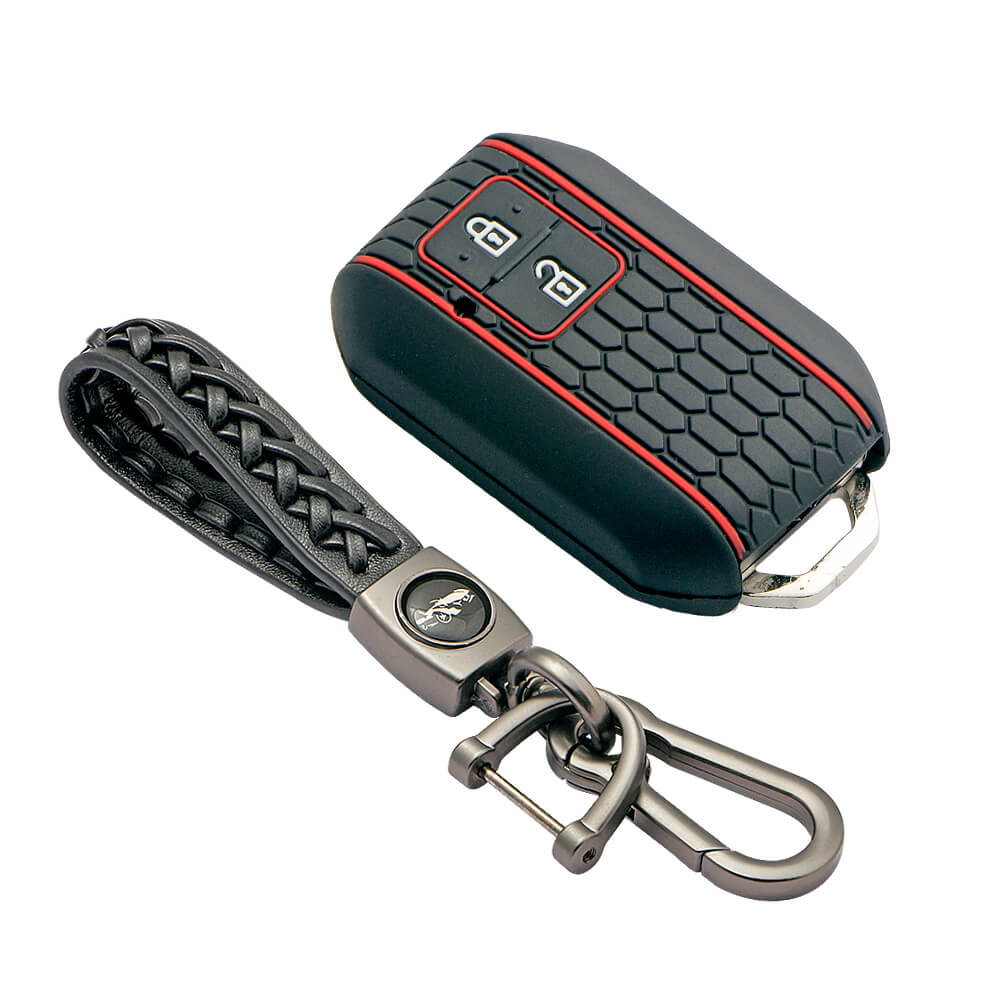 Keycare silicone key cover and keychain fit for : Glanza, Urban Cruiser Hyryder, Rumion 2 button smart key (KC-05, Leather woven keychain black) - Keyzone