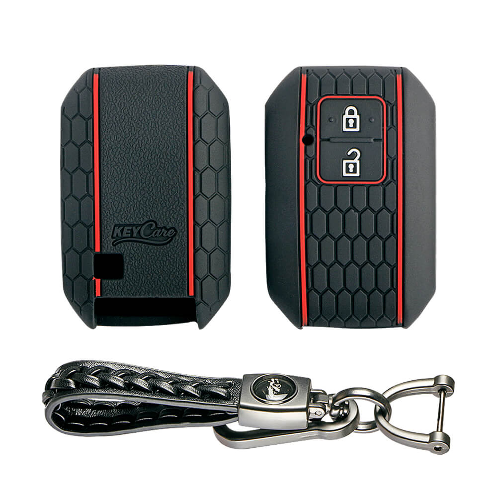 Keycare silicone key cover and keychain fit for : Glanza, Urban Cruiser Hyryder, Rumion 2 button smart key (KC-05, Leather woven keychain black) - Keyzone