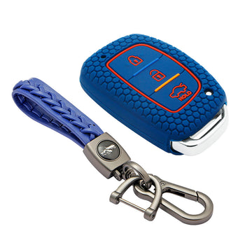 Keycare silicone key cover and keychain fit for : Exter, Creta, Elite I20, Active I20, Aura, Verna 4s, Xcent, Tucson, Elantra 3 button smart key (KC-07, Leather Woven Keychain)
