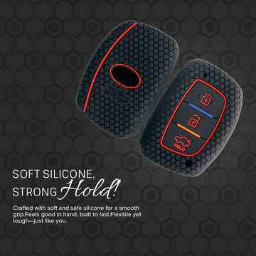 Keycare silicone key cover and keyring fit for : Exter, Creta, Elite I20, Active I20, Aura, Verna 4s, Xcent, Tucson, Elantra 3 button smart key (KC-07, Leather Thread Keyring)
