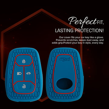 Keycare silicone key cover and keyring fit for : Tata Nexon, Altroz, Harrier, Safari, Punch, Tigor 4 button smart key (KC-08, Leather Woven Keychain)