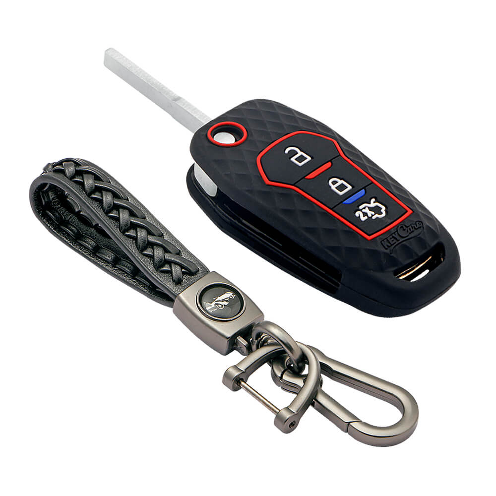 Keycare silicone key cover and keyring fit for Ford Figo Aspire, Endeavour flip key (KC-12, Leather Woven Keychain)