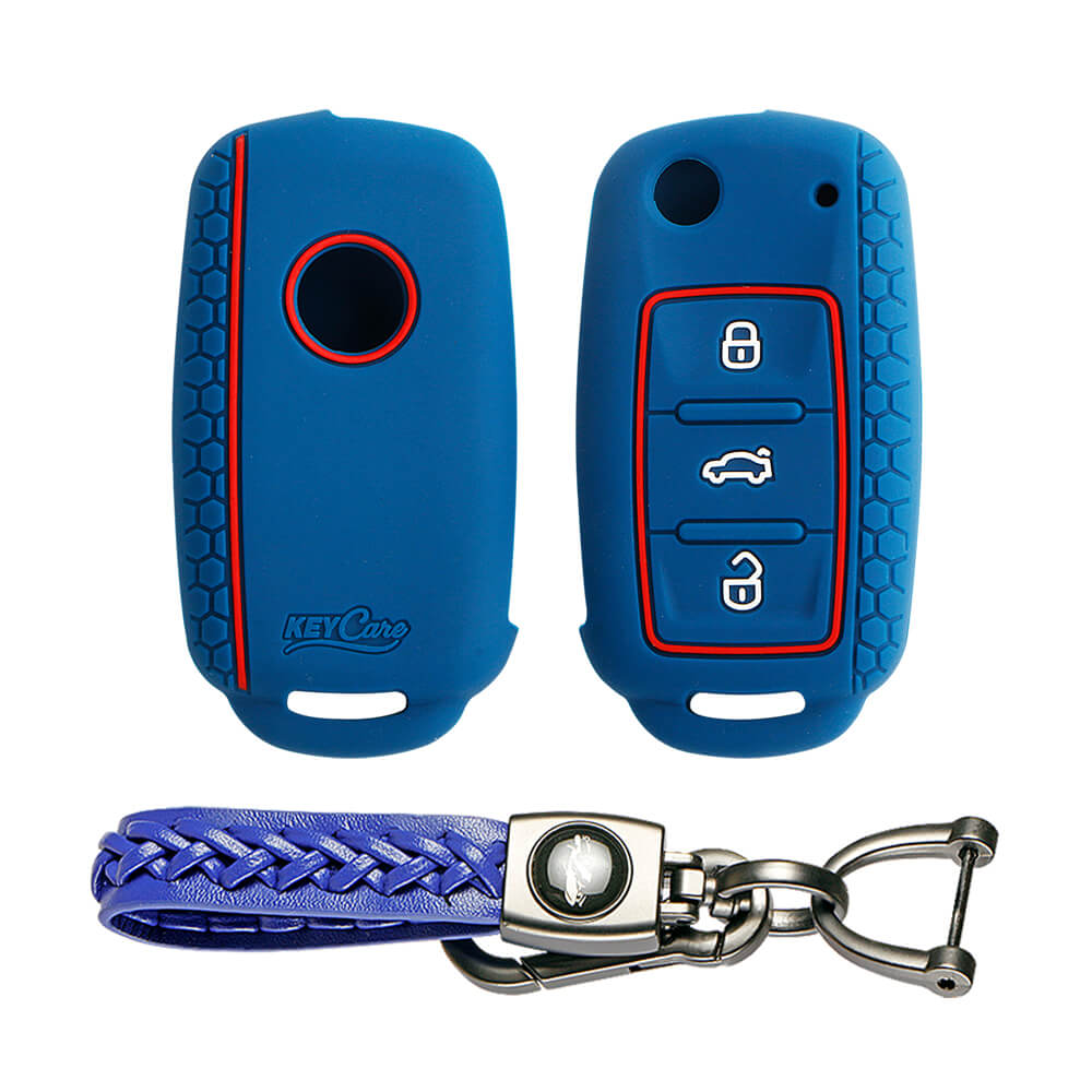 Keycare silicone key cover and keyring fit for : Octavia (Old), Fabia, Laura, Rapid, Superb, Yeti 3 button flip key (KC-13, Leather Woven Keychain)