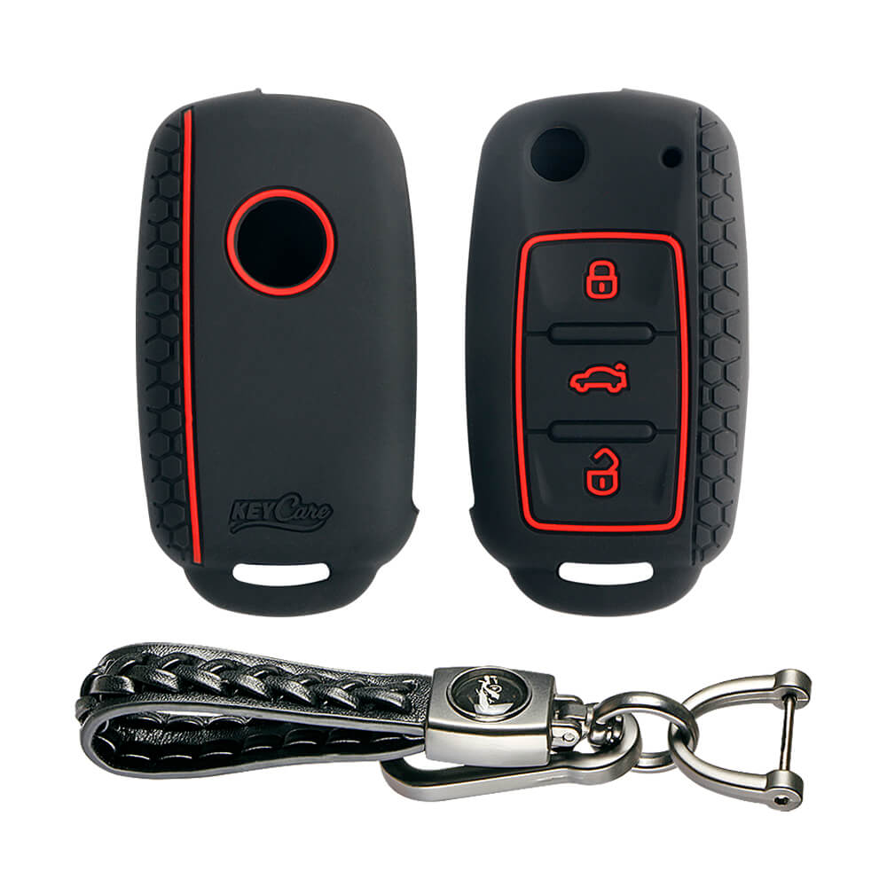 Keycare silicone key cover and keyring fit for : Octavia (Old), Fabia, Laura, Rapid, Superb, Yeti 3 button flip key (KC-13, Leather Woven Keychain) - Keyzone