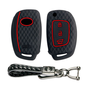 Keycare silicone key cover and keyring fit for : I20, Verna, Xcent (2012-14) flip key (KC-16, Leather Woven Keychain) - Keyzone
