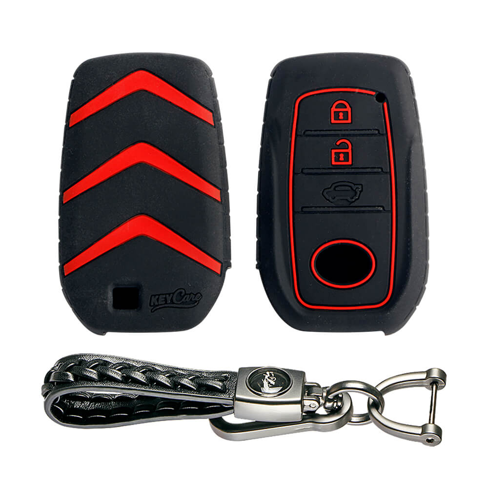 Keycare silicone key cover and keyring fit for : Toyota Innova Crysta, Innova HyCross, Hilux, Fortuner, Fortuner Facelift 2021, Fortuner Legender 2021 smart key (KC-18, Leather Woven Keyring) - Keyzone