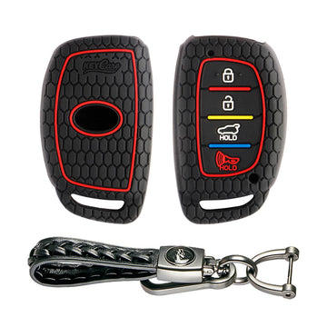 Keycare silicone key cover and keyring fit for : Venue, Elantra, Tucson, I20 N Line 2021, Creta 2020, i20 2020 Hyundai 4 button smart key (KC-30, Leather Woven Keychain)