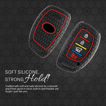 Keycare silicone key cover and keyring fit for : Venue, Elantra, Tucson, I20 N Line 2021, Creta 2020, i20 2020 Hyundai 4 button smart key (KC-30, Leather Thread Keyring)
