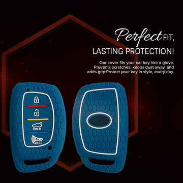 Keycare silicone key cover and keyring fit for : Venue, Elantra, Tucson, I20 N Line 2021, Creta 2020, i20 2020 Hyundai 4 button smart key (KC-30, Leather Woven Keychain)