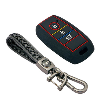 Keycare silicone key cover and keyring fit for : Kia Seltos 3 button smart key (KC-31, Leather Woven Keychain)