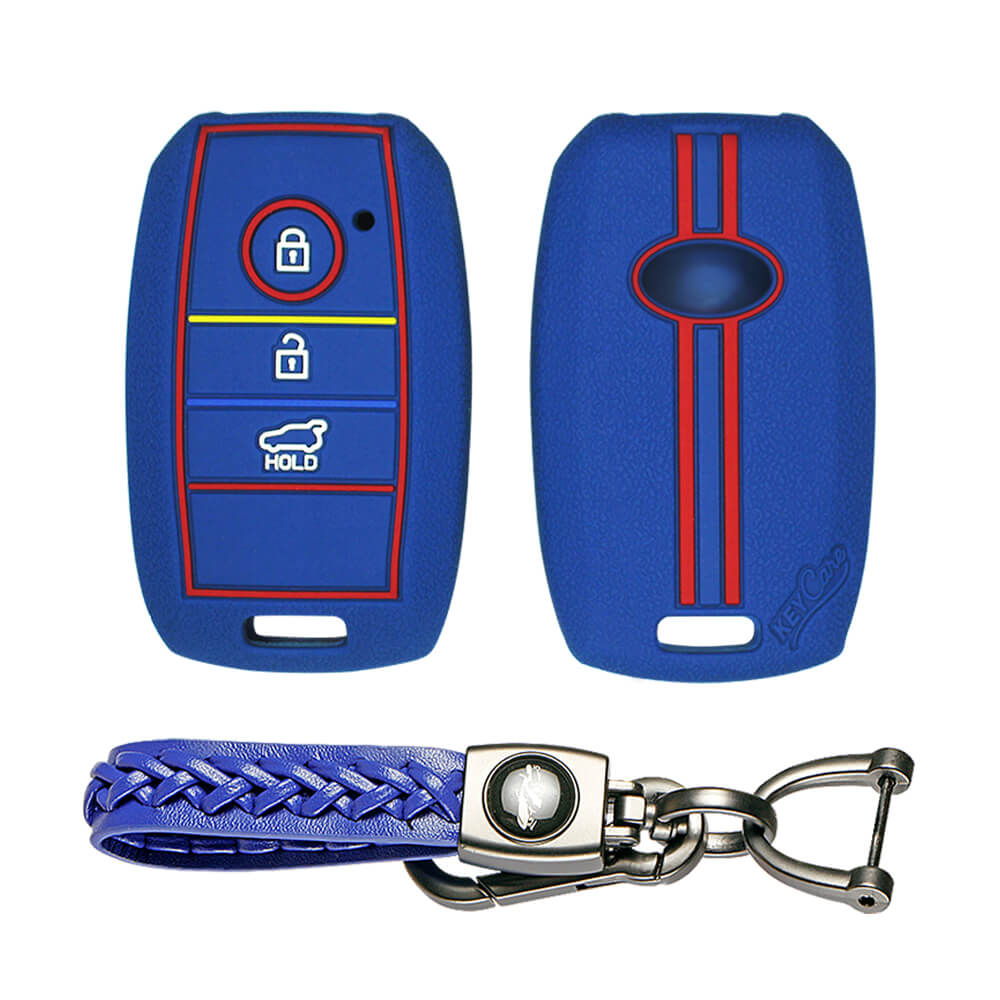 Keycare silicone key cover and keyring fit for : Kia Seltos 3 button smart key (KC-31, Leather Woven Keychain) - Keyzone