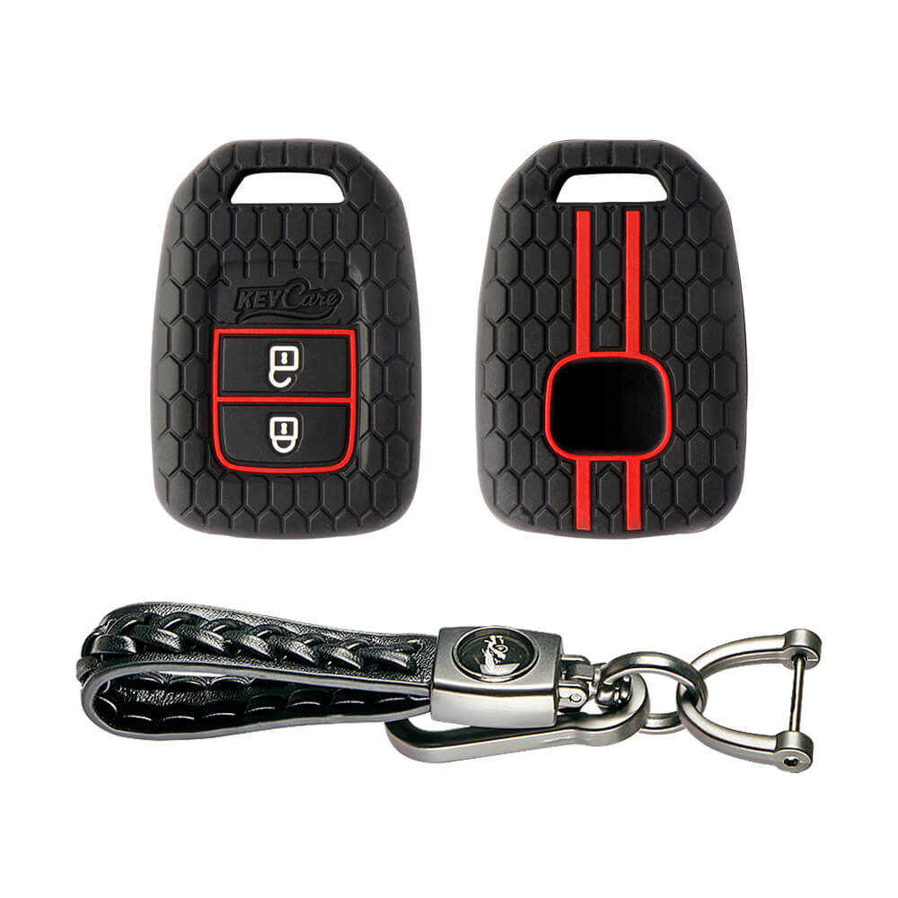 Keycare silicone key cover and keyring fit for : Wr-v, City, Jazz, Amaze 2014+ 2 button remote key (KC-33, Leather Woven Keychain) - Keyzone