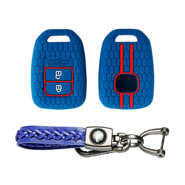 Keycare silicone key cover and keyring fit for : Wr-v, City, Jazz, Amaze 2014+ 2 button remote key (KC-33, Leather Woven Keychain) - Keyzone