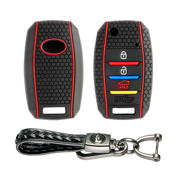 Keycare silicone key cover and keyring fit for : Seltos, Sonet, Carens 3 button flip key (KC-35, Leather Woven Keychain) - Keyzone