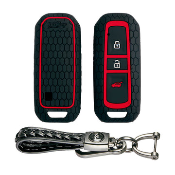 Keycare silicone key cover and keyring fit for : MG Hector 3 button smart key (KC-36, Leather Woven Keychain) - Keyzone