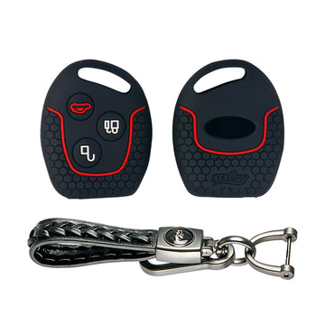Keycare silicone key cover and keyring fit for : Fiesta, Fusion, Figo 3 button remote key (KC-37, Leather Woven Keychain)