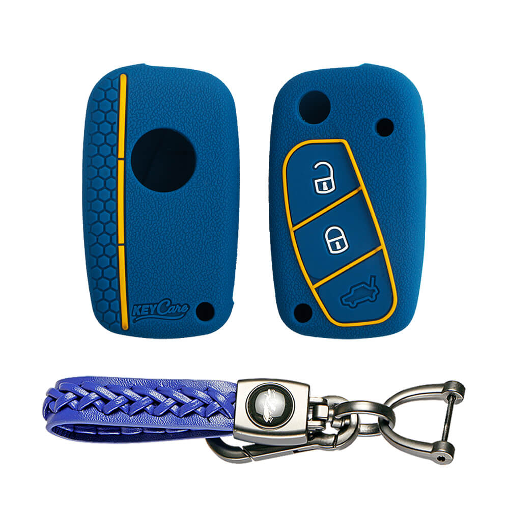 Keycare silicone key cover and keyring fit for : Linea, Punto, Avventura flip key (KC-38, Leather Woven Keychain) - Keyzone