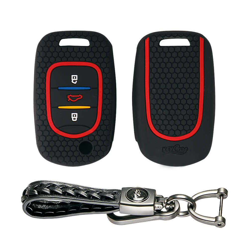 Keycare silicone key cover and keyring fit for : MG Hector 3 button flip key (KC-39, Leather Woven Keychain)