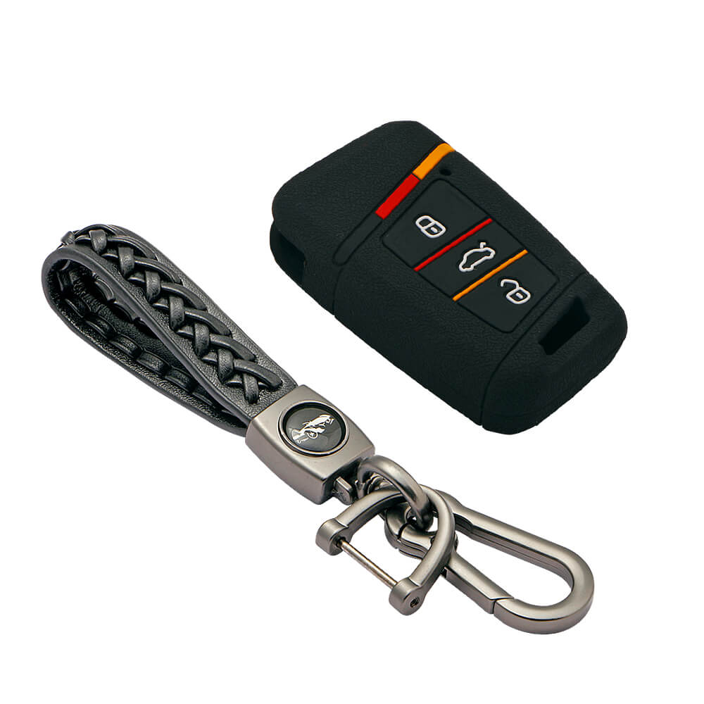 Keycare silicone key cover and keyring fit for : Superb, Kodiaq, Octavia 2014 Onwards smart key (KC-40, Leather Woven Keychain) - Keyzone