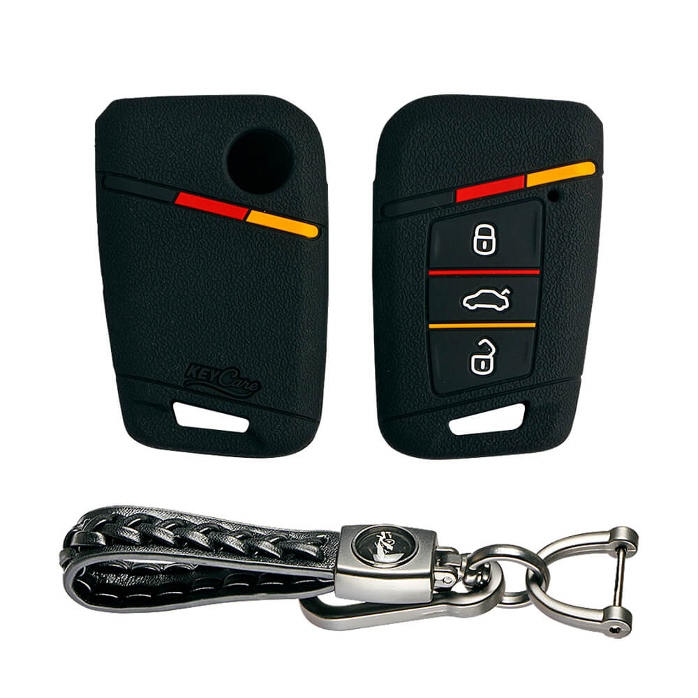 Keycare silicone key cover and keyring fit for : Tiguan, Jetta, Passat Highline smart key (KC-40, Leather Woven Keychain) - Keyzone
