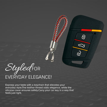 Keycare silicone key cover and keyring fit for : Tiguan, Jetta, Passat Highline smart key (KC-40, Leather Thread Keychain)