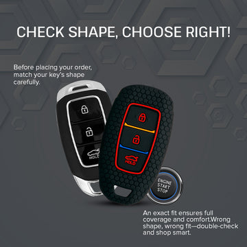 Keycare silicone key cover and keyring fit for : i20, Kona, Verna 2018 Onwards 3 button smart key (KC-41, Full Leather Keychain)