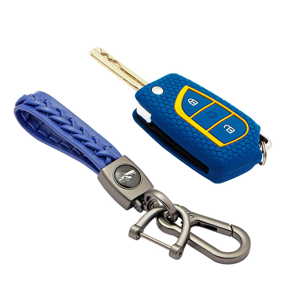 Keycare silicone key cover and keyring fit for : Innova Crysta, Corolla Altis 3 button flip key (KC-42, Leather Woven Keychain) - Keyzone