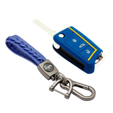 Keycare silicone key cover and keyring fit for : Karoq, Octavia, Superb, Kodiaq, Slavia flip key (KC-44, Leather Woven Keychain) - Keyzone