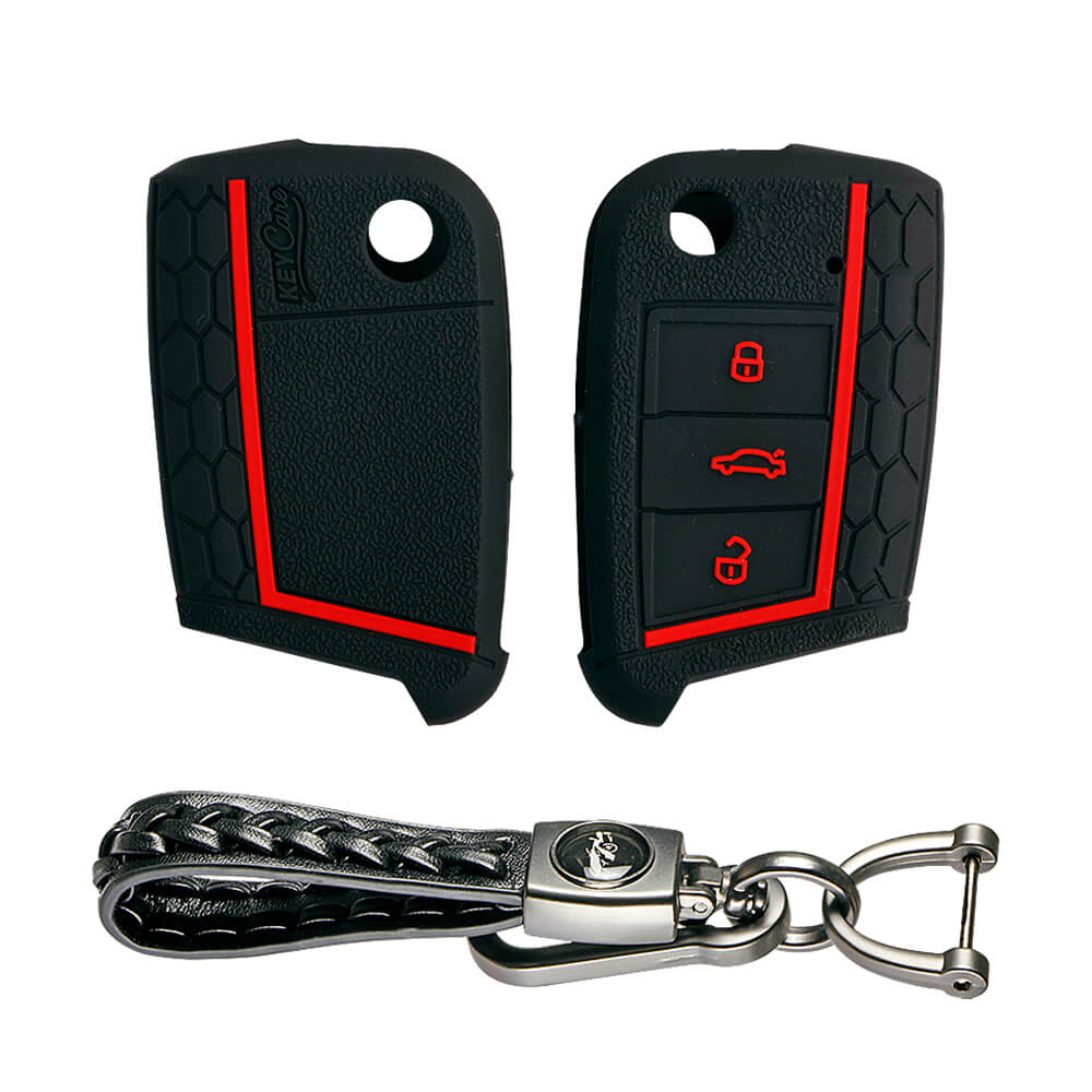 Keycare silicone key cover and keyring fit for : Karoq, Octavia, Superb, Kodiaq, Slavia flip key (KC-44, Leather Woven Keychain) - Keyzone