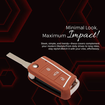 Keycare silicone key cover and keyring fit for : Virtus, Tiguan, T-ROC, Taigun, New Jetta 3 button flip key (KC-44, Full Leather Keychain)