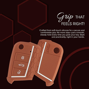 Keycare silicone key cover and keyring fit for : Virtus, Tiguan, T-ROC, Taigun, New Jetta 3 button flip key (KC-44, Leather Thread Keychain)