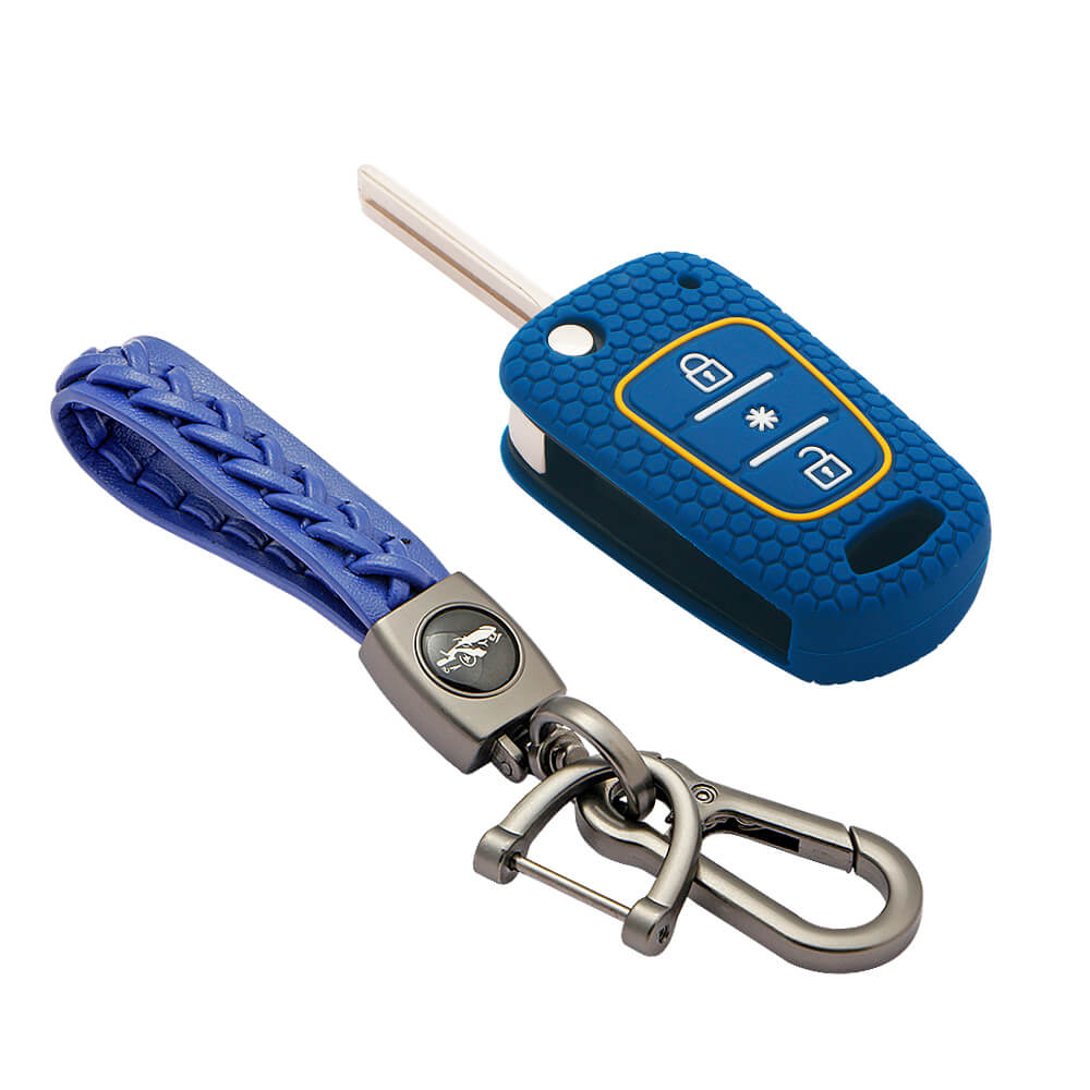 Keycare silicone key cover and keyring fit for : Verna Fluidic, I10, Old I20 (2007-2011) flip key (KC-45, Leather Woven Keychain) - Keyzone