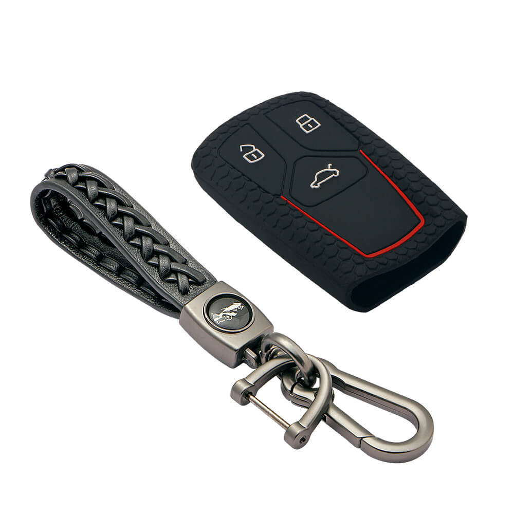 Keycare silicone key cover and keyring fit for : Audi 3 button smart key (KC-47, Leather Woven Keychain) - Keyzone