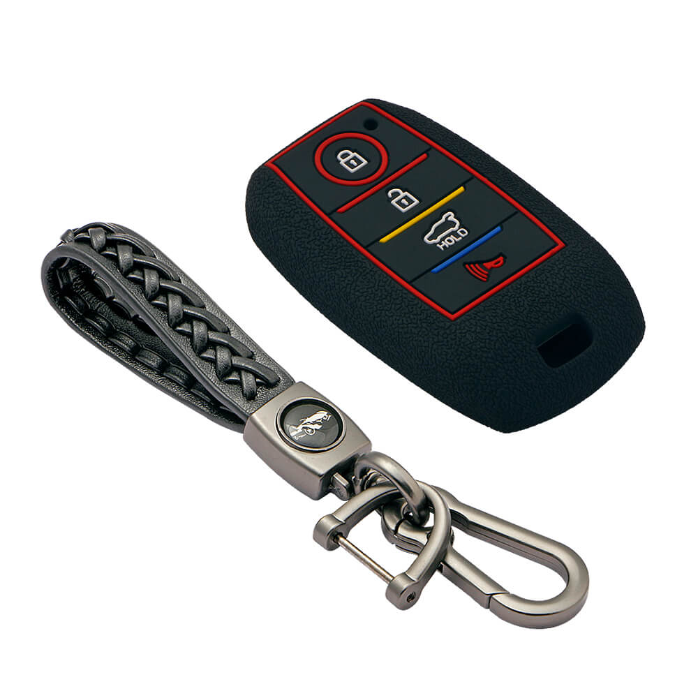 Keycare silicone key cover and keyring fit for : Kia Seltos 4 button smart key (KC-49, Leather Woven Keychain) - Keyzone