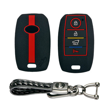 Keycare silicone key cover and keyring fit for : Kia Seltos 4 button smart key (KC-49, Leather Woven Keychain)