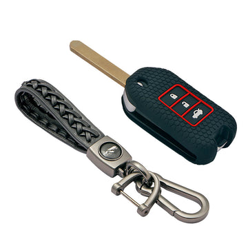 Keycare silicone key cover and keyring fit for : City, Wr-v flip key (KC-50, Leather Woven Keychain)