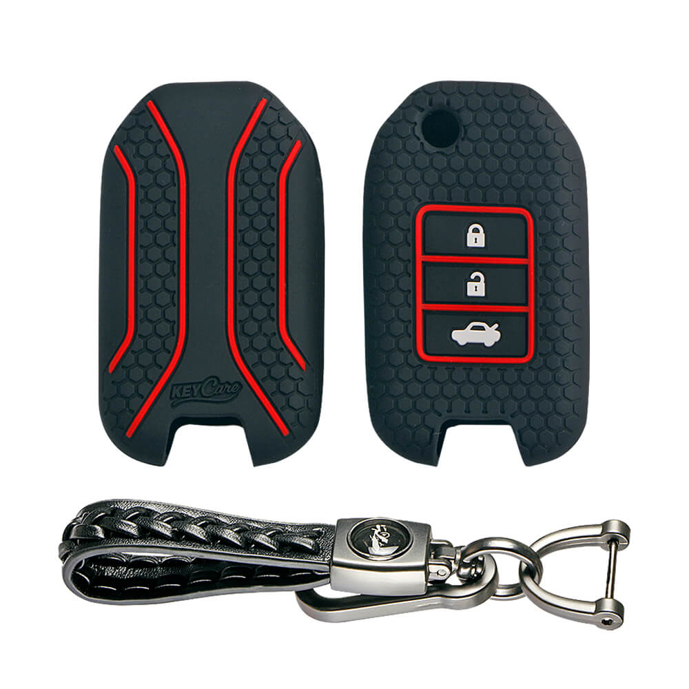 Keycare silicone key cover and keyring fit for : City, Wr-v flip key (KC-50, Leather Woven Keychain)