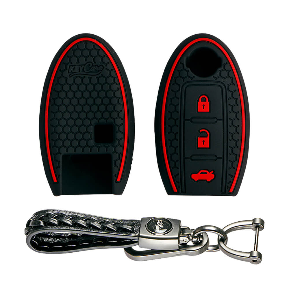 Keycare silicone key cover and keyring fit for : Micra, Magnite, Micra Active, Sunny, Teana 3 button smart key (KC-53, Leather Woven Keychain) - Keyzone