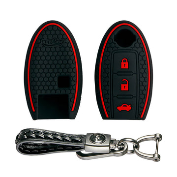 Keycare silicone key cover and keyring fit for : Micra, Magnite, Micra Active, Sunny, Teana 3 button smart key (KC-53, Leather Woven Keychain) - Keyzone