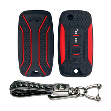 Keycare silicone key cover and keyring fit for : Jeep Compass, Compass Trailhawk, Wrangler (KC-56, Leather Woven Keychain) - Keyzone