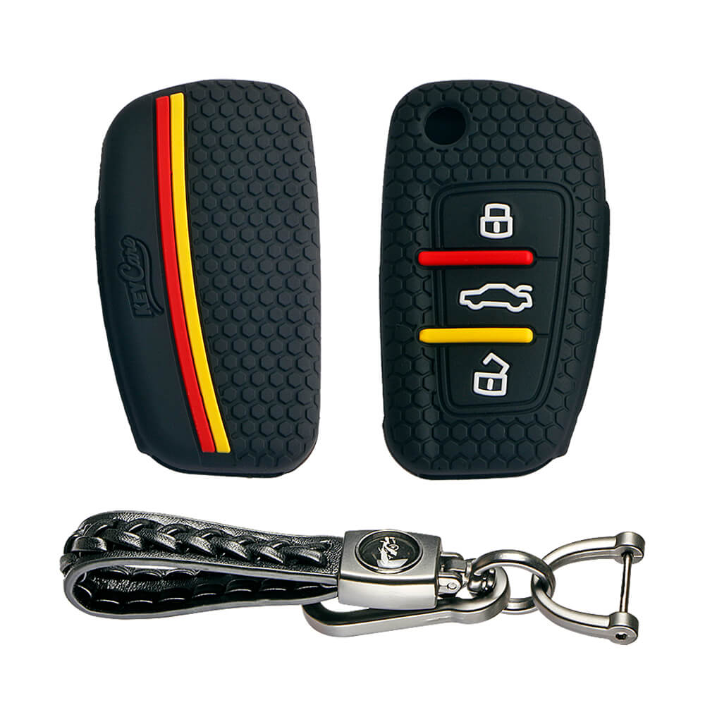 Keycare silicone key cover and keyring fit for : Audi 3 button flip key (KC-57, Leather Woven Keychain) - Keyzone