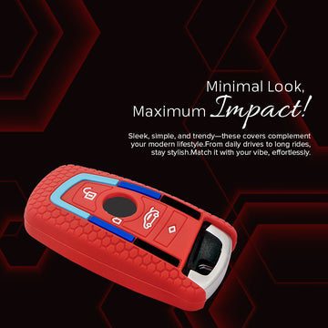 Keycare silicone key cover and keyring fit for : X4, X3, 5 Series, 6 Series, 3 Series, 7 Series 4 button smart key (T1) (KC-58, Full Leather Keychain)